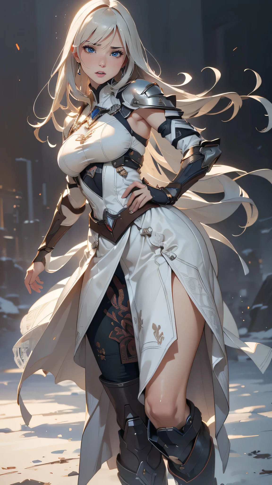 (dynamic fighting pose),(leather boots,(asymmetrical mecha armor),(long embroidered white lace dress,see through,lift up the hem of the dress)),(random hairstyle),(Thin type:1.5),(large breasts:1.5),(Highest image quality,(8K), Ultra-realistic, Best Quality, High quality, High Definition, high quality texture, high detailing, Beautiful detailed, fine detailed, extremely details CG, Detailed texture, realistic representation of face, masterpiece, presence)