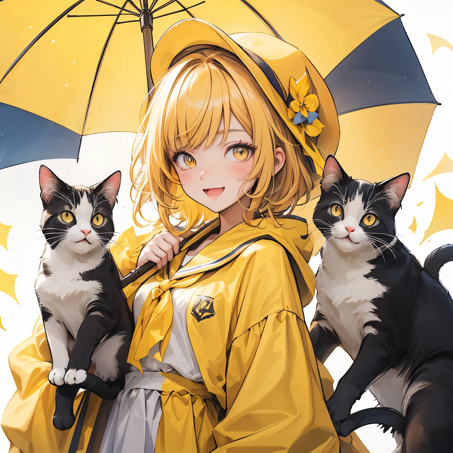 (masterpiece), highest quality, Ultra-high resolution,Cat with yellow ribbon、Yellow Hair、Yellow Eyes、Yellow clothes、Primary school students、Yellow hat、Yellow umbrella、Have fun and laugh、Young