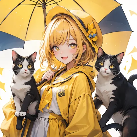 (masterpiece), highest quality, Ultra-high resolution,Cat with yellow ribbon、Yellow Hair、Yellow Eyes、Yellow clothes、Primary scho...