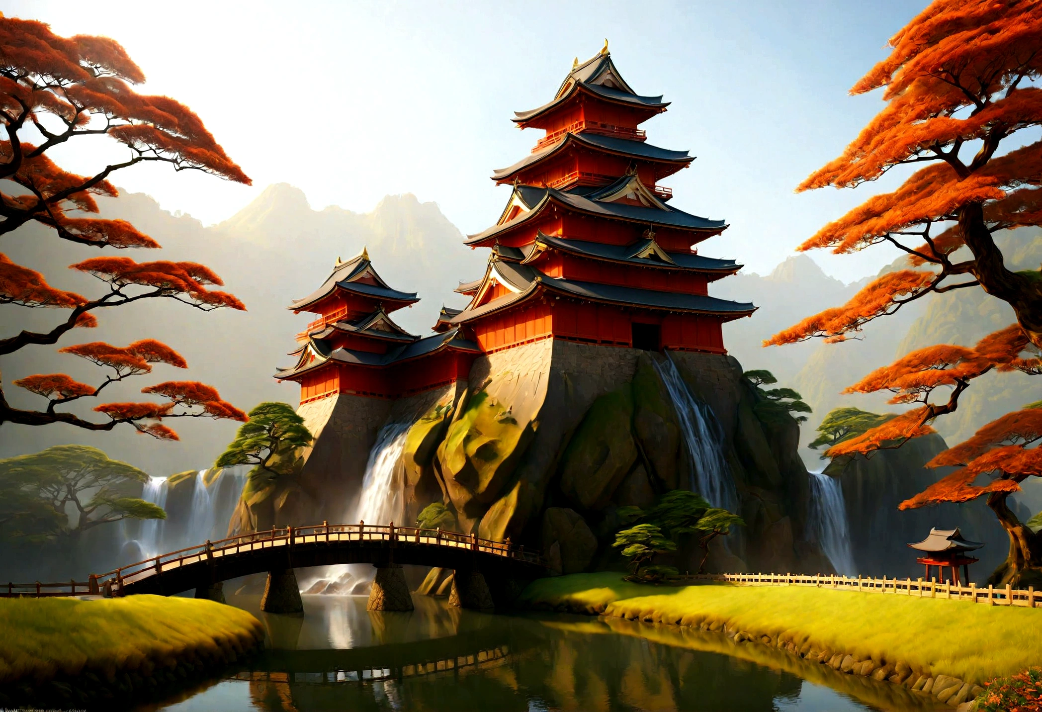 an award winning picture, National Geographic style, Arafed, magnificent artistic picture of a (Japanese medieval castle: 1.4) (masterpiece, best detailed: 1.4)on a mountain range near a lake at dusk, fantasy art D&D art, castle, with towers, turrets, barbican, it is dusk time, the sun is going down, and there are stars in the skies, the last rays of sun, there is a ((bridge lit by torches: 1.4)) crossing to the other side, the castle is being reflected in the water, mist rising from the water, fantasy forest background, ultra best realistic, best details, 16k, [ultra detailed], masterpiece, best quality, (extremely detailed), photorealism, depth of field, hyper realistic painting, digital art