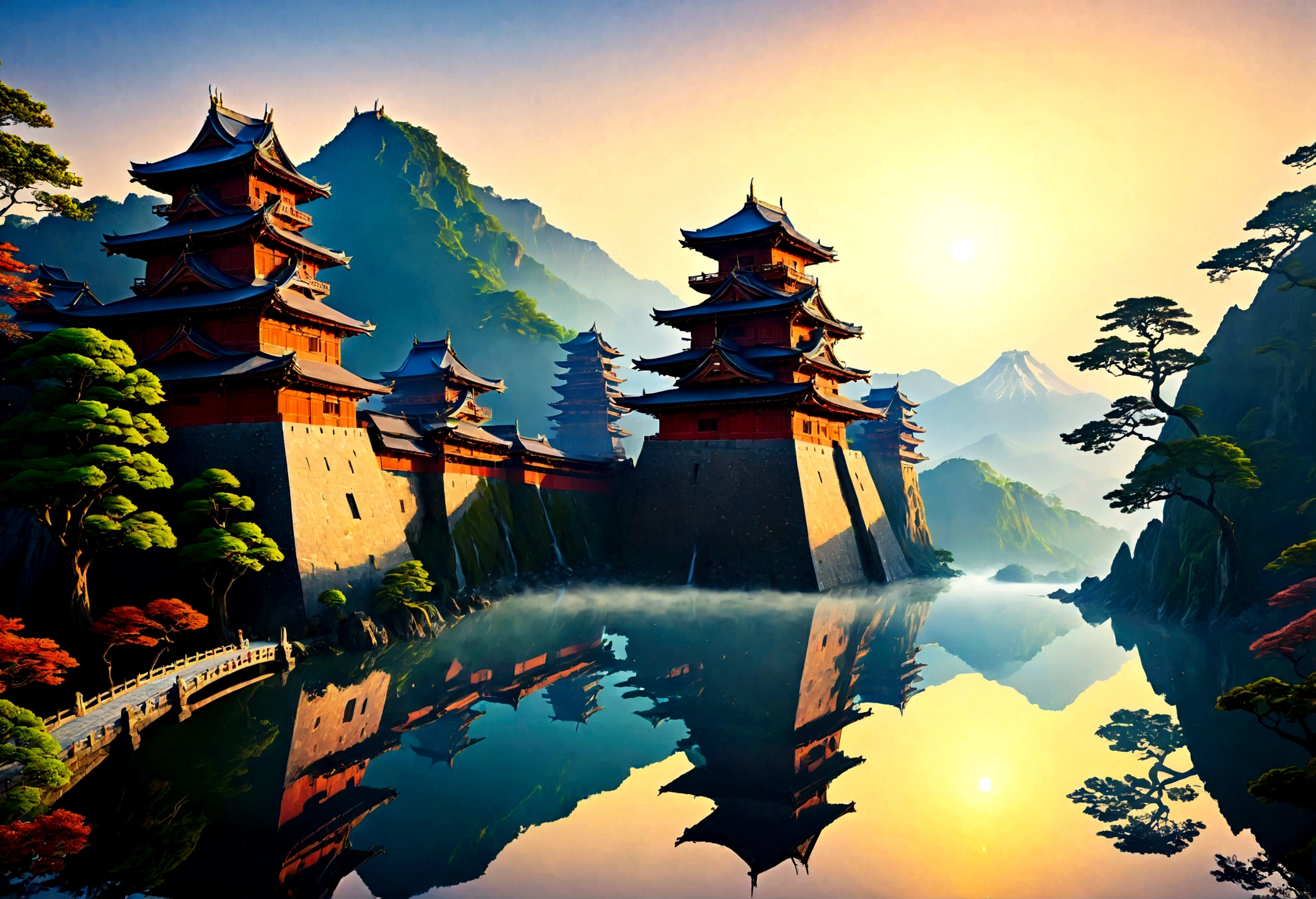 an award winning picture, National Geographic style, Arafed, magnificent artistic picture of a (Japanese medieval castle: 1.4) (masterpiece, best detailed: 1.4)on a mountain range near a lake at dusk, fantasy art D&D art, castle, with towers, turrets, barbican, it is dusk time, the sun is going down, and there are stars in the skies, the last rays of sun, there is a ((bridge lit by torches: 1.4)) crossing to the other side, the castle is being reflected in the water, mist rising from the water, fantasy forest background, ultra best realistic, best details, 16k, [ultra detailed], masterpiece, best quality, (extremely detailed), photorealism, depth of field, hyper realistic painting, digital art