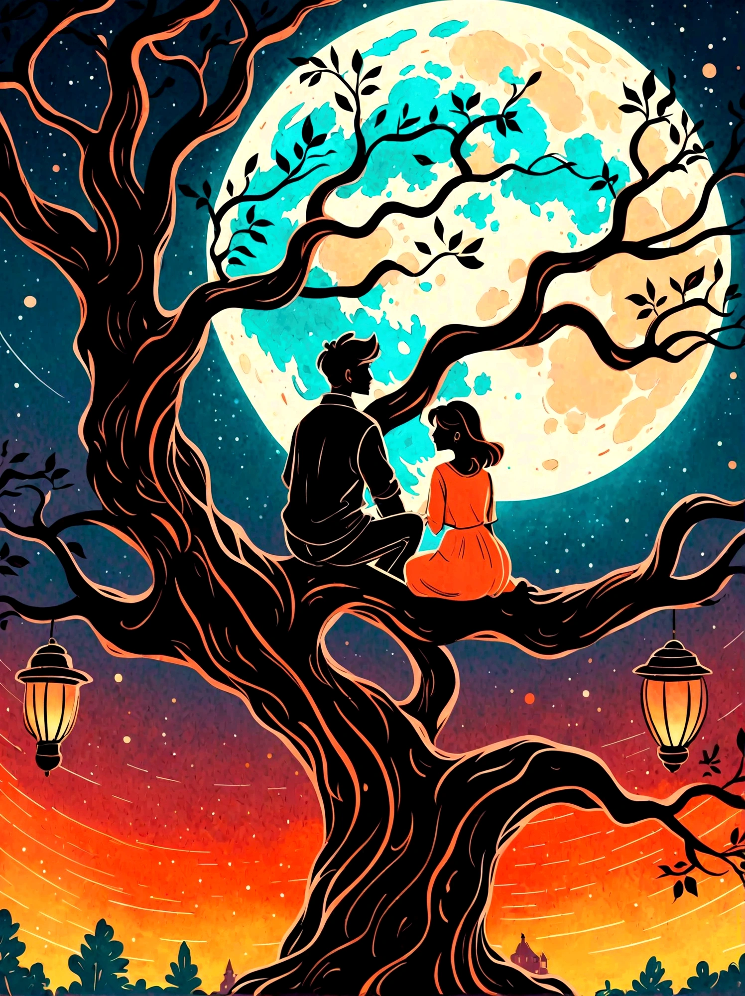 卡通手绘, 浪漫古风，夜晚，背光，一個男人和一個女人坐在樹枝上，背後有一輪滿月，亚历山大，重複，色彩清新，柔和的色彩，二極體燈，概念藝術風格，極為複雜的細節，明暗區別明顯，分層，超高品質, 神奇的天真藝術，明亮的蓝色和绿色，调色板是红色, 橙色和黑色的色调，具有粗略的风格, 背景应该有简单的手绘涂鸦图案, 1shxx1