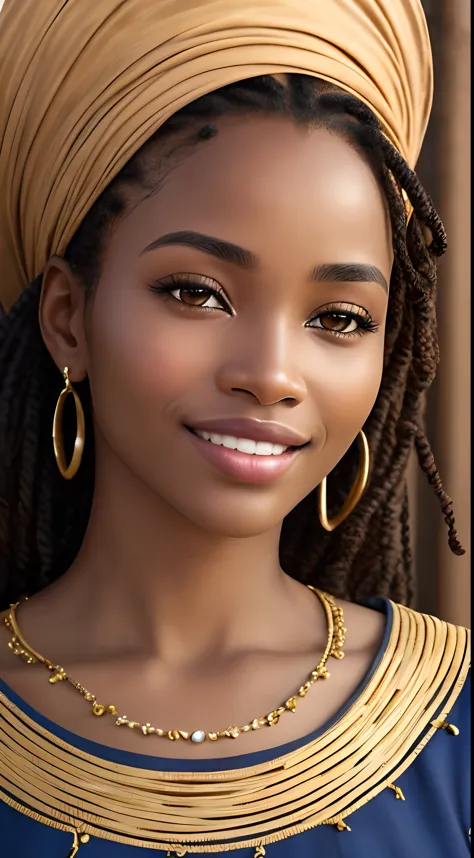 Dans un environnement captivant (fermer:1.3), The beauty of the (africain_Femme:1.3) brille à travers, Son sourire radieux et se...
