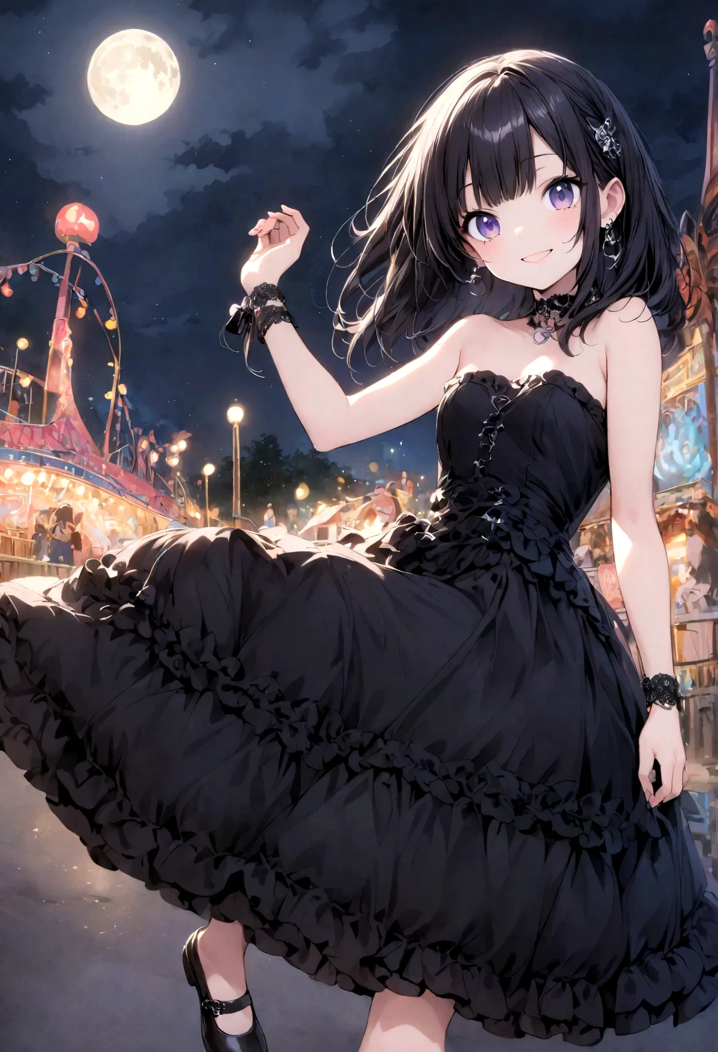 a gothic girl smiling, black hair, hair accessories, choke, wristbands, silver earrings, (strapless_dress), (round toe) mary_jan...