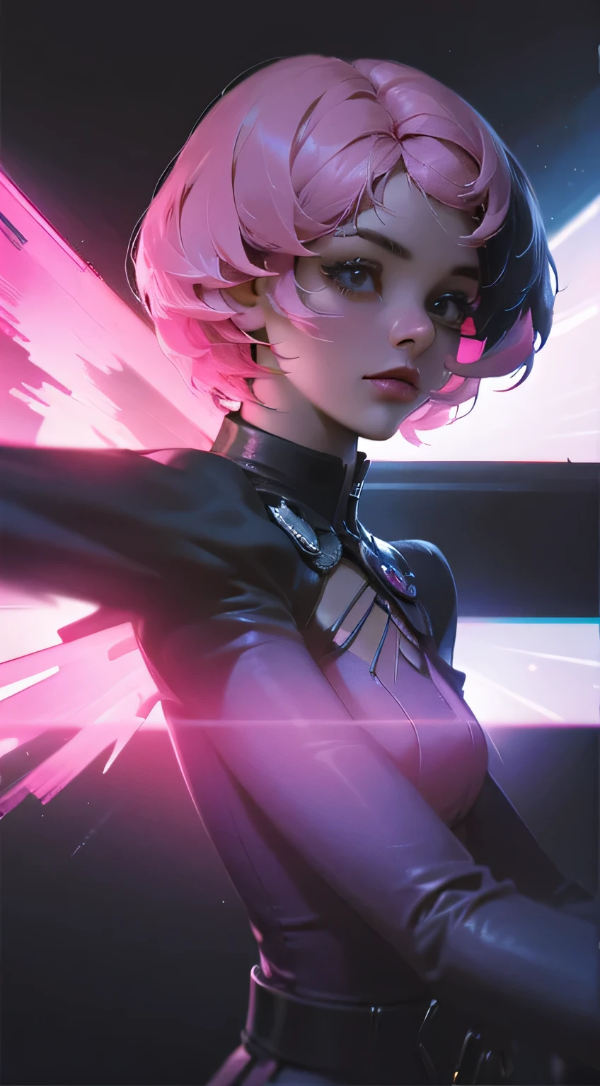 Alisa Bosconovitch, mechanical wings, greeneyes, charachter, female, Woman, game charachter, tekken, videogame, pink  hair, multicolored hair, shorth hair, Flower on head, serious, seducing smile, Smiley, excitado, gradient eyes, アニメ, アニメ, cinematic lighting, projected shadow, shine light, motion lines, f/1.2, sideways, perspective, close up, multiple views, uhd, high qualiy, best qualityer, best qualityer
