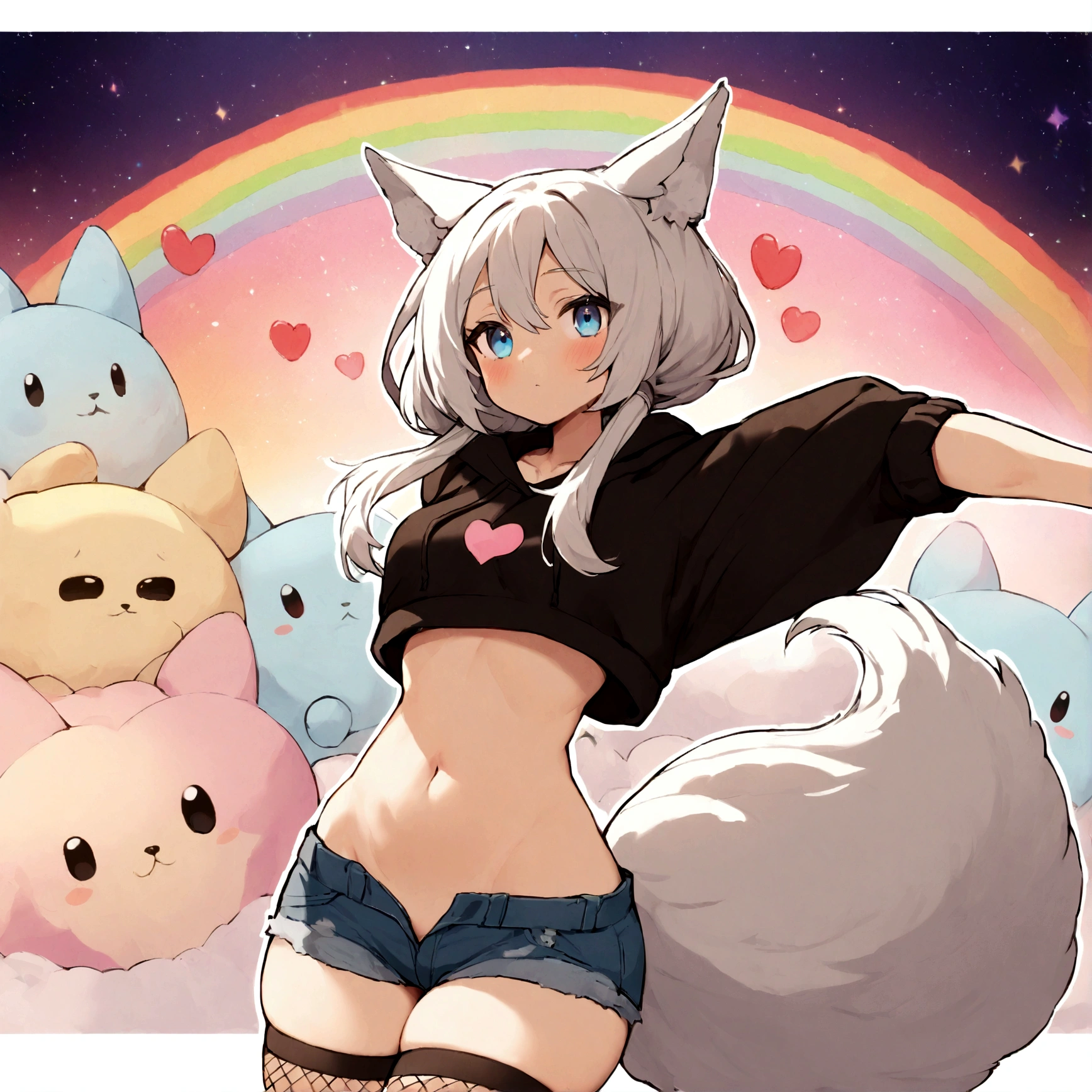 a cute adult male with wolf ears,long white hair with long locks, has a wolf tail, wearing a loose cropped oversized black hoodie, wearing a pair of denim short shorts and thigh high fishnet stockings, thick thighs, wide hips, relaxing on mound of fluffy multi colored kawaii plushies, short, very slim, showing slender tummy, stretching out, heart on hoodie, squishy thighs, has glowing blue eyes. alone, solo (ALONE)(SOLO), surrounded by rainbows, colorful galaxy backround, nice butt