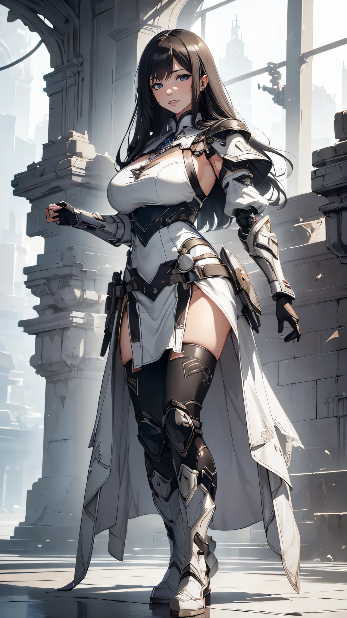 (dynamic fighting pose),(leather boots,(asymmetrical mecha armor),(long embroidered white lace dress,see through,lift up the hem of the dress)),(random hairstyle),(Thin type:1.8),(large breasts),(Highest image quality,(8K), Ultra-realistic, Best Quality, High quality, High Definition, high quality texture, high detailing, Beautiful detailed, fine detailed, extremely details CG, Detailed texture, realistic representation of face, masterpiece, presence)