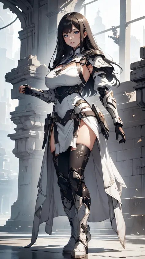 (dynamic fighting pose),(leather boots,(asymmetrical mecha armor),(long embroidered white lace dress,see through,lift up the hem...