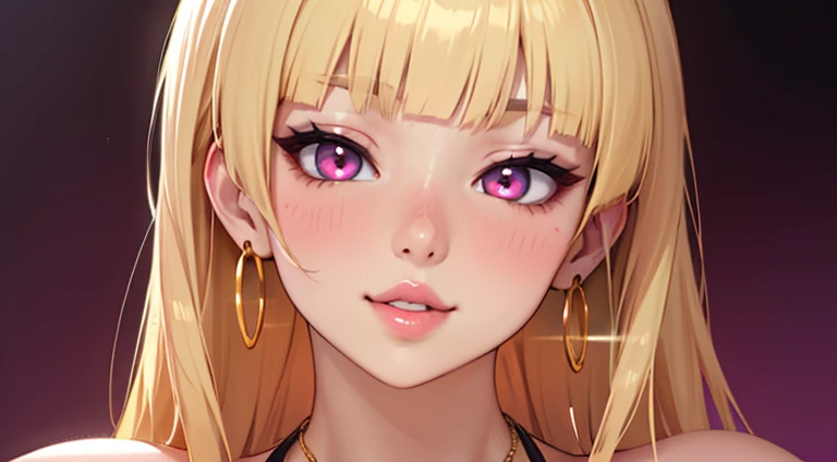 1girl, solo, blonde hair, long hair, blunt bangs, big lips, pink eyes, detailed eyes, cleavage, leather tank top, huge breasts, light smile, blush, nose blush,  background, anime, seductive, intimate, centered portrait, centered cowboy shot, dainty jewelery, earrings, dainty gold necklace, mouth closed, realistic anime, wide shot