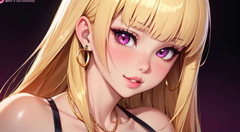 1girl, solo, blonde hair, long hair, blunt bangs, big lips, pink eyes, detailed eyes, cleavage, leather tank top, huge breasts, light smile, blush, nose blush,  background, anime, seductive, intimate, centered portrait, centered cowboy shot, dainty jewelery, earrings, dainty gold necklace, mouth closed, realistic anime, wide shot