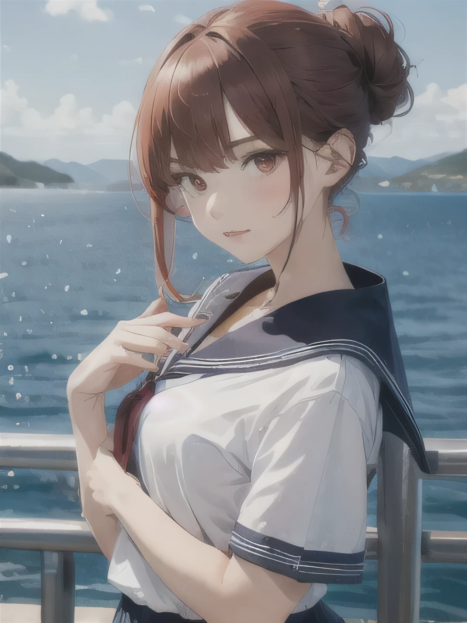 1 girl, Redhead, Updo, Facial hair stripes, Red eyes, Impact,  8k, masterpiece,Sailor suit、ＪＫ、skirt、I&#39;m not wearing pants、Thighs、Sexy pose