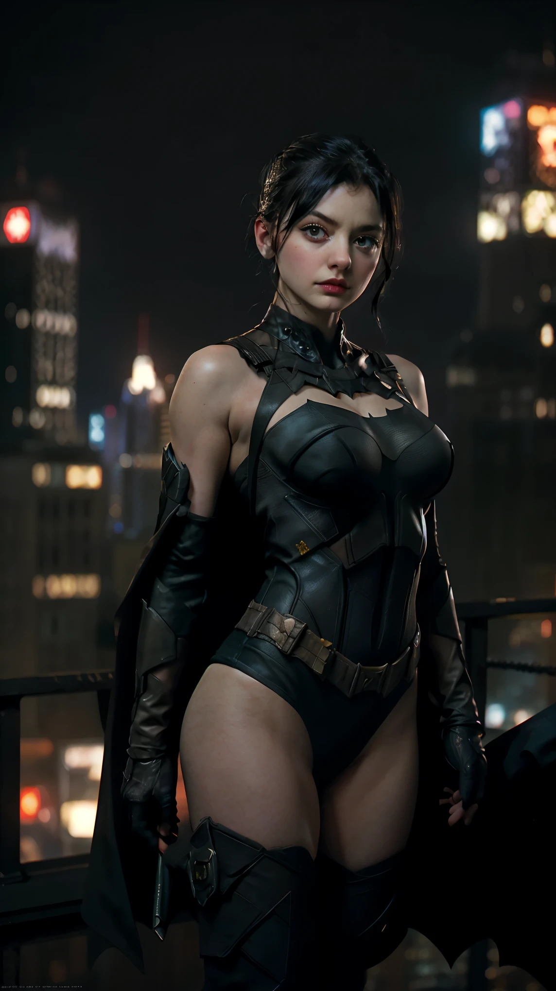 ((masterpiece, highest quality, High resolution, Realistic, to be born, 8k wallpaper)),Standing in a bikini, (Standing in Honor　shot）,Facing the camera in a threatening pose, Very hot and sexy, Amazing beauty, Perfect balance, Beautiful body, Slim body beauty: 1.4), Batman standing on a rooftop overlooking the city skyline at night, Gotham city background, nighttime in Gotham city, Gotham city, From the movie Batman, Gotham city double exposure, Gotham city style, Batman film still, metropolis filmic Gotham city, Cyberpunk Batman, Batman movie stills, Batman movie still cinematic, Gotham setting, Batman, Gotham,