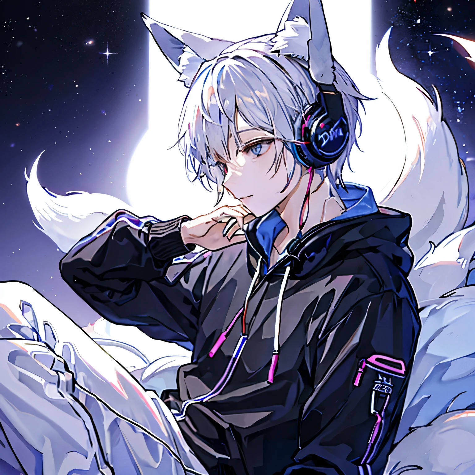 one person、handsome、Listening to music through headphoneale))、((Fox ears))、Silver Hair、Fox ears、Fox&#39;s Tail、kimono、Japan、lo-fi