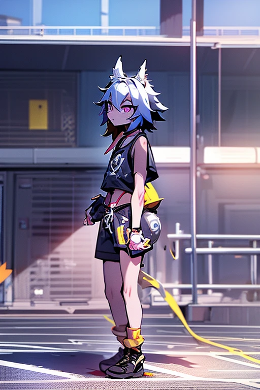 cat femboy, tomboysh, stylish, skinny athletic, sexy look, blue eyes, gray furry, childish, sassy, navy blue sports tank top, black dolphin shorts, white socks, yellow sneakers, in sexy naughty pose in a construction yard, cartoonish, theatrical, masterpiece, dynamic view, full body, HD8K,