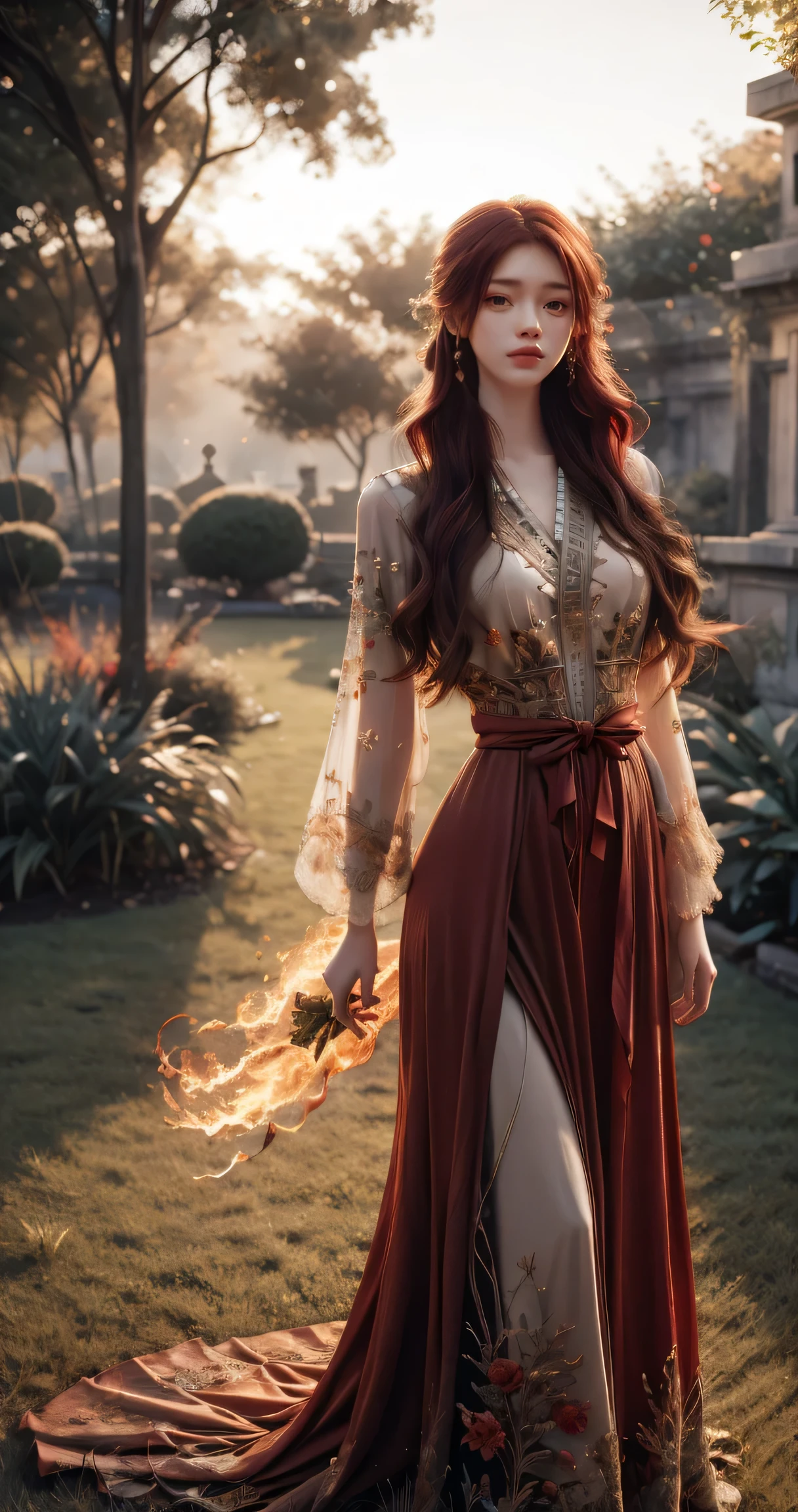 (absurdres, highres, ultra detailed), 1girl, solo, mature, (very long hair, red hair), Baroque, long dress, phoenix dress, long sleeve, elegant, colorful, highest detailed, upper body, outdoors, garden 