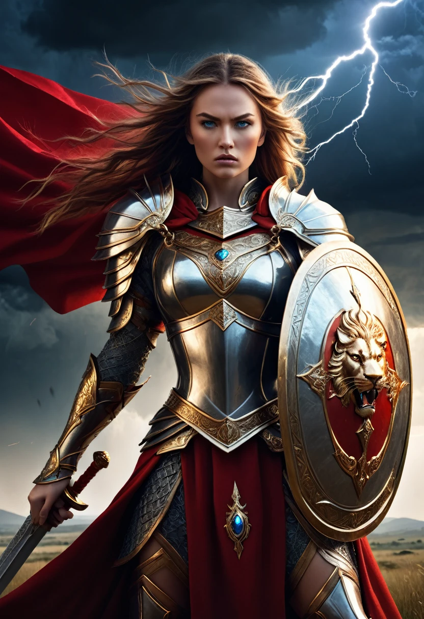 A fierce female warrior standing on a battlefield. She wears intricately designed armor with silver and gold accents, and a flowing red cape billows behind her. In one hand, she holds a gleaming sword with ancient runes, and in the other, a round shield adorned with a lion emblem. Her piercing blue eyes and determined expression convey strength and courage. The background features a dramatic sky with dark storm clouds and flashes of lightning, highlighting the intensity of the scene. A natural style - a metallic nuance - chiaroscuro lighting - a romantic atmosphere - HDR effect.