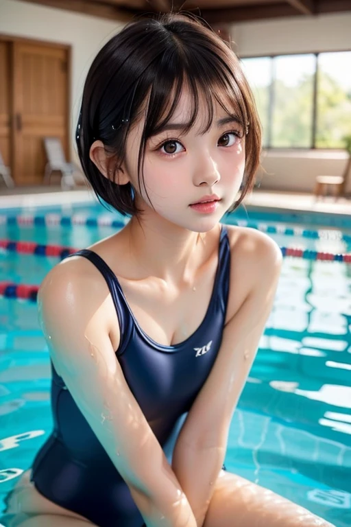 one girl, (a beauty girl, delicate girl:1.3), (12 years old:1.3),((Wet school swimsuit)) (Navy blue school swimsuit:1.3),((Cute pose)) ,Very detailed clarity, (Symmetrical eyes:1.3), (School swimming pool, indoor:1.3), Small breasts, Brown eyes, ((very beautiful short black hair)),((Pixie Cut))、 Brown Hair, girl,, (Eye and facial details:1.0),, (masterpiece, highest quality, Very detailed, Detailed face, 8k)