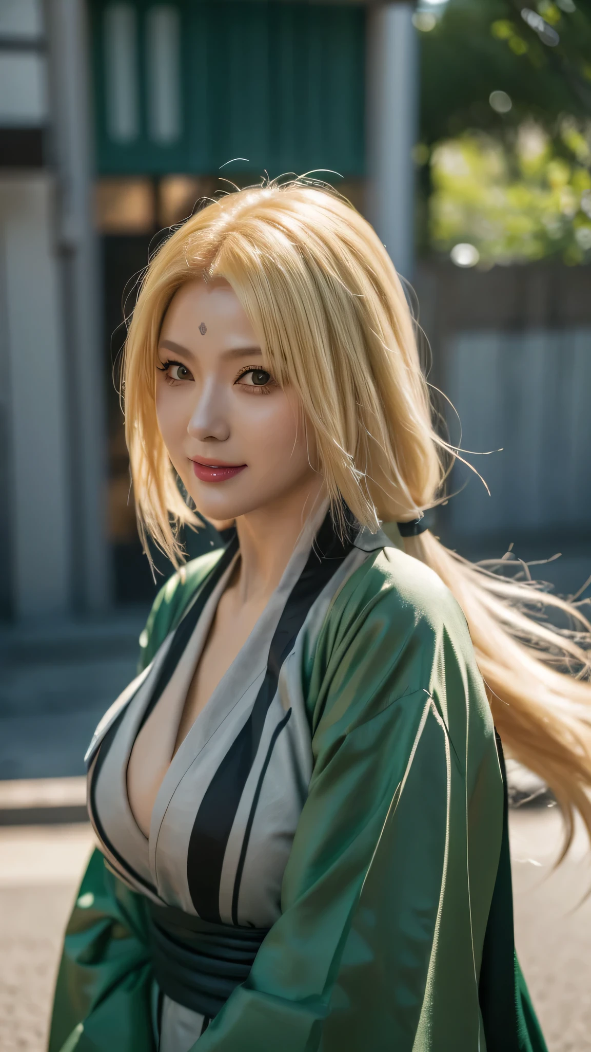 un primer plano de una persona con cabello largo y un kimono verde, tsunade senju, tsunade senju from anime naruto, as an personaje animado, cara de anime perfecta, she has Cabello amarillo with bangs, female personaje animado, personaje animado, mejor chica anime, peinado de corte hime, Cabello amarillo, (labios rojos brillantes:1.3), Ojos amarillos, pechos grandes, sonrisa, Fondo de la ciudad, (Hermoso rostro:1.3) 