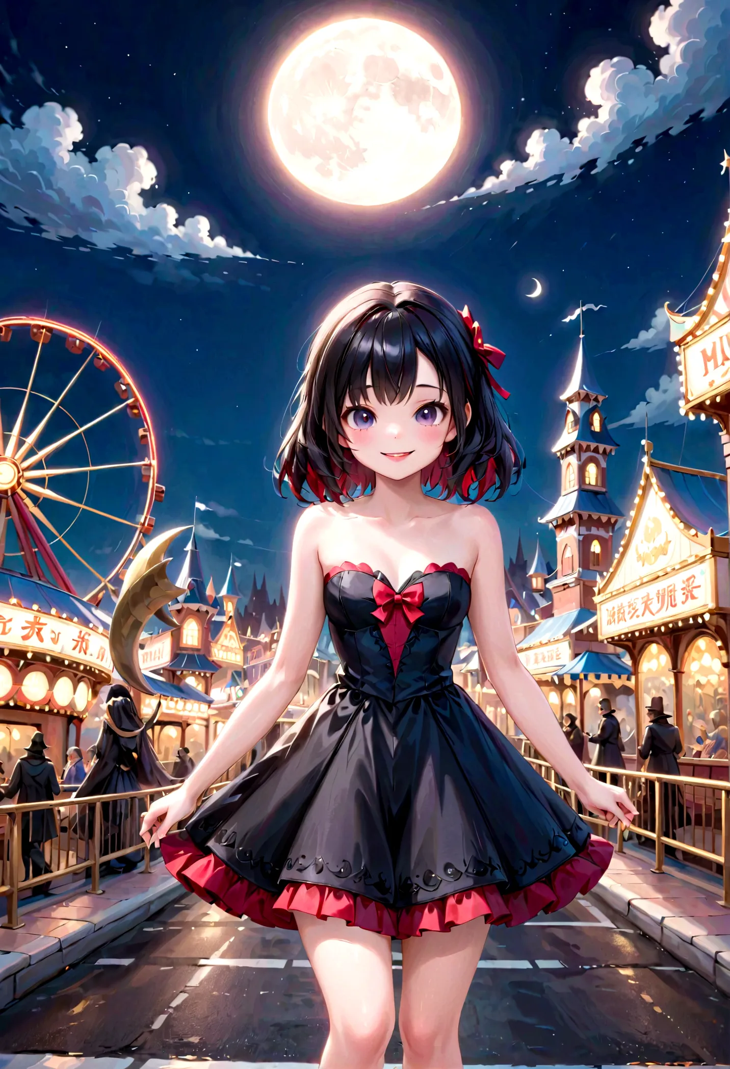 a cute vampire girl smiling, (strapless_dress), (round toe) mary_janes, haunted amusement park at night, moon at background