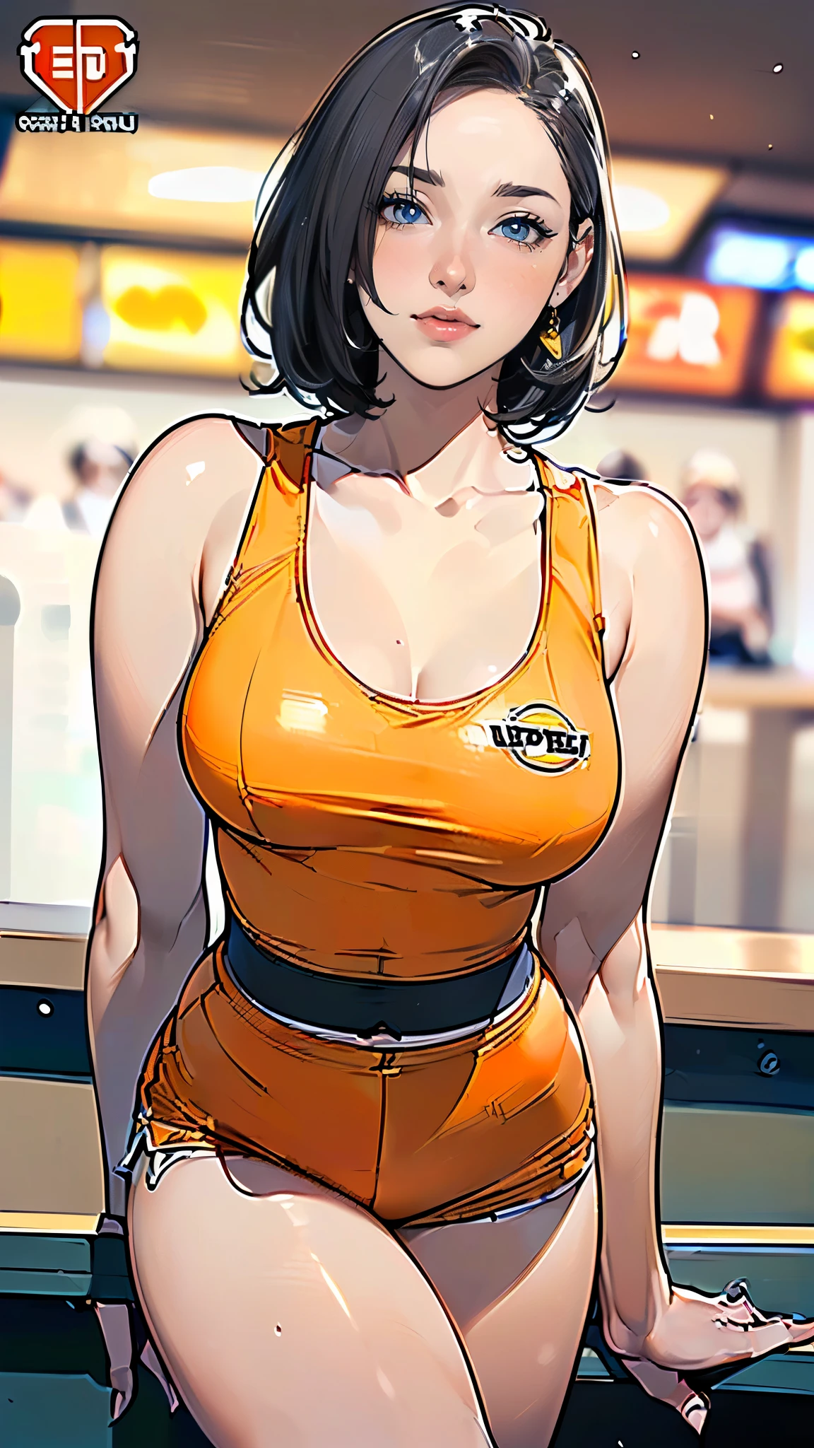 masterpiece,highest quality,Very detailed,High resolution,8k,wallpaper,Perfect lighting,BREAK(One Woman),(Mature woman working as a waiter at a sports bar:1.5),(45 years old),(hooters),(((A very form fitting white tank top:1.5))),((The tank top has the logo of a sports bar on it.:1.5)),(((tiny orange shorts))),(((Very detailed costume drawings:1.5))),(Beautiful Eyes:1.5),(Detailed face drawing:1.5),(Detailed face drawing:1.5),((Very detailed female hand:1.5)),(Shiny skin:1.2),(Big Breasts:1.2),(Thick thighs:1.5),(Sensual body:1.5),(Sports bar background:1.5),(((Blur the background:1.5))),(((I&#39;m embarrassed:1.5)))