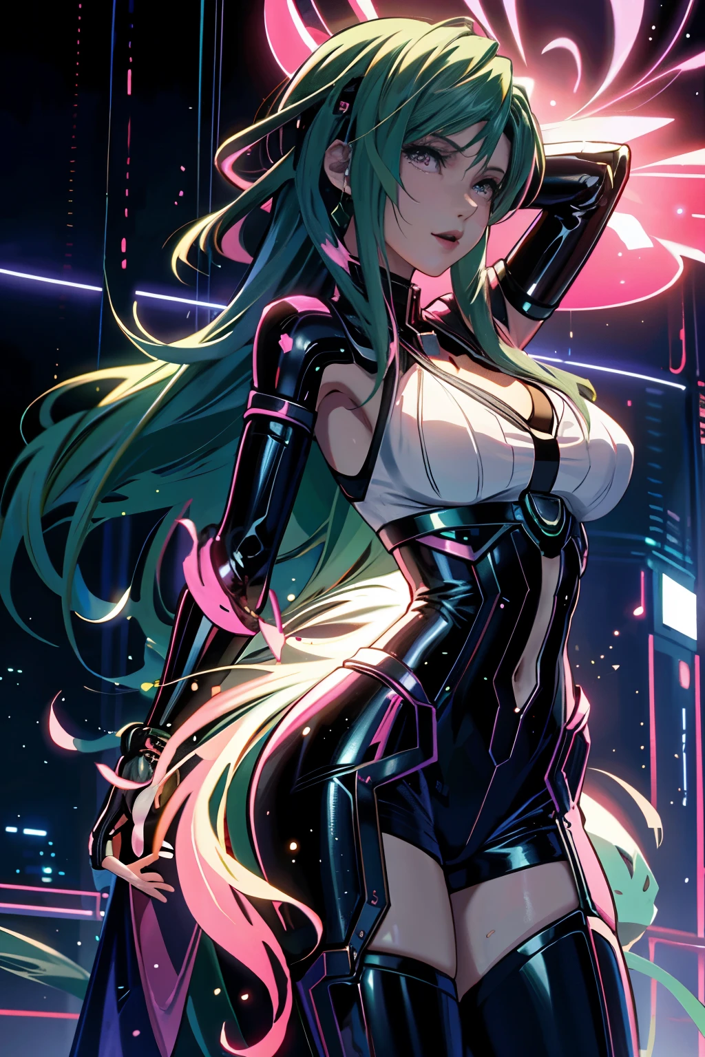 mujer, personajes realistas, pelo verde y pelo rosa, blue eyes, animado, alone, moderno, ciberpunk, enorme busto firme que rebota, poses sexys dinámicas
