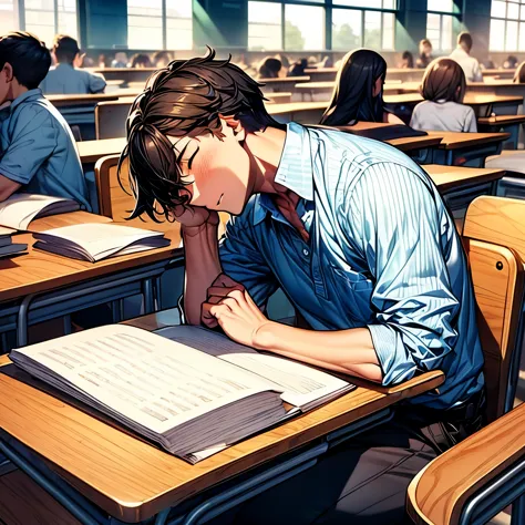 a male student napping on the desk in the crowded classroom, piles of books on the desk, uhd, anatomically correct, best quality...