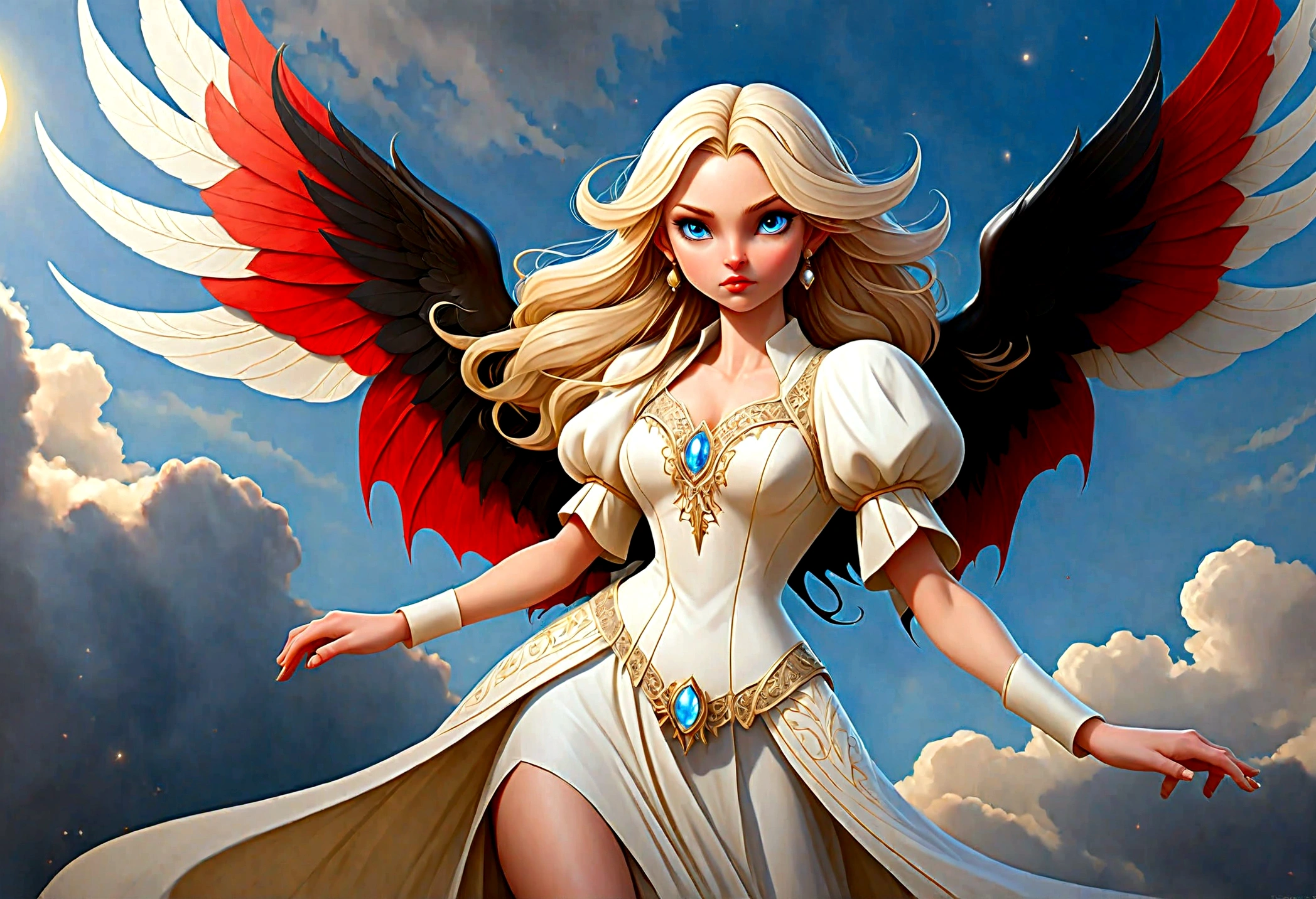 fantasy art, RPG art [[a picture of 2 women]], single1 female angel, wearing white dress, pale skin, beautiful face, blond hair, long hair wavy hair, blue eyes, high heeled boots, wearing a dress (Masterpiece, intricate details: 1.5), large angelic wings, white angelic wings spread [AND] a single1 female demon, red skin  demonic wings, black demonic wings spread, demonic horns, red skin, black hair, red eyes, beautiful face, wearing a dress (Masterpiece, intricate details: 1.5), high heels, in the border between heaven and hell, moon, stars, clouds, god rays, soft natural light silhouette, dynamic angle,  photorealism, panoramic view  Wide-Angle, Ultra-Wide angle, ultra best realistic, best details, 16k, [ultra detailed], masterpiece, best quality, (extremely detailed), photorealism, depth of field, hyper realistic painting