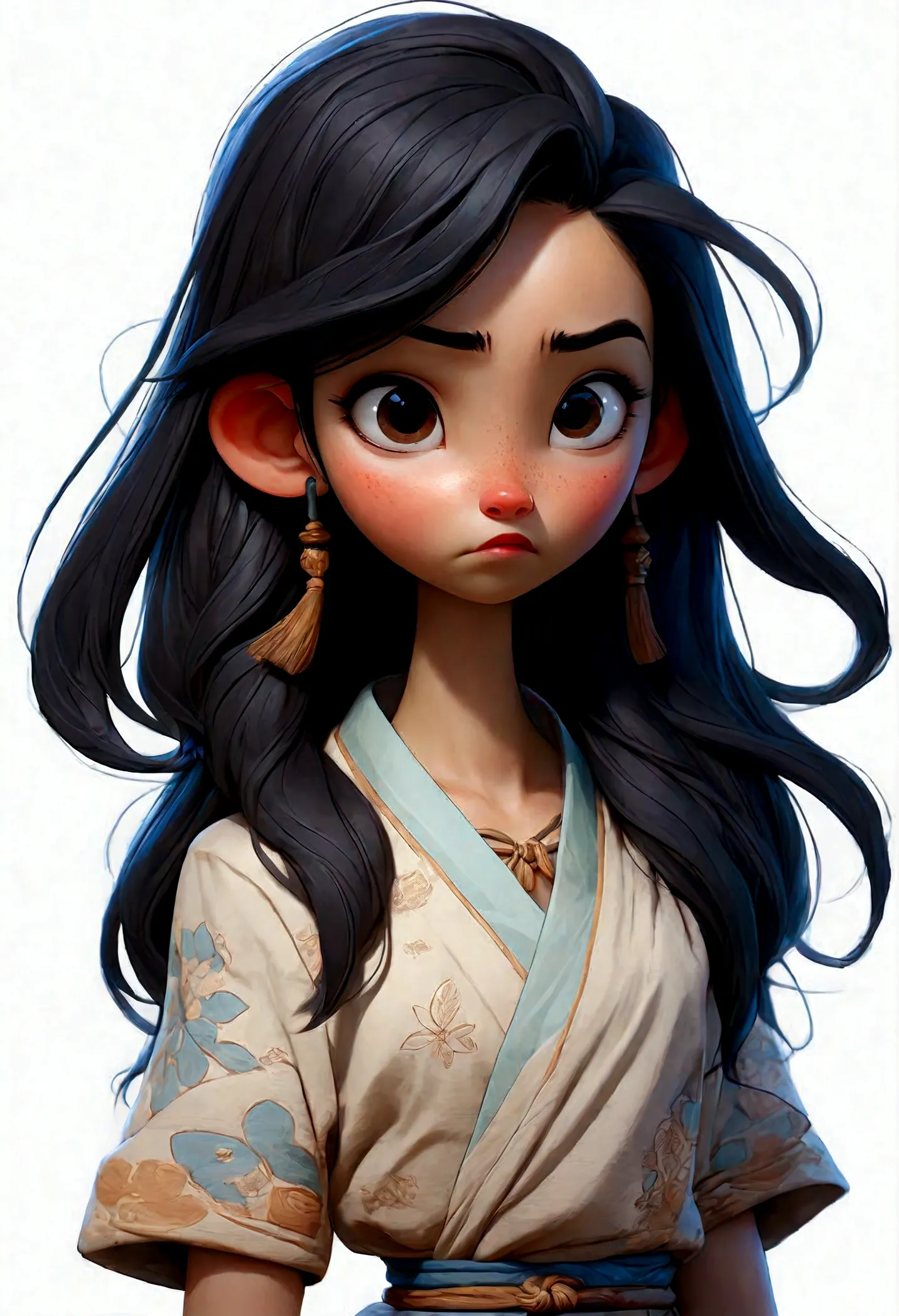 concept art of a cute girl, long straight black hair, big, low, asian head, blue print, drawing, consistency, proportionality, s...