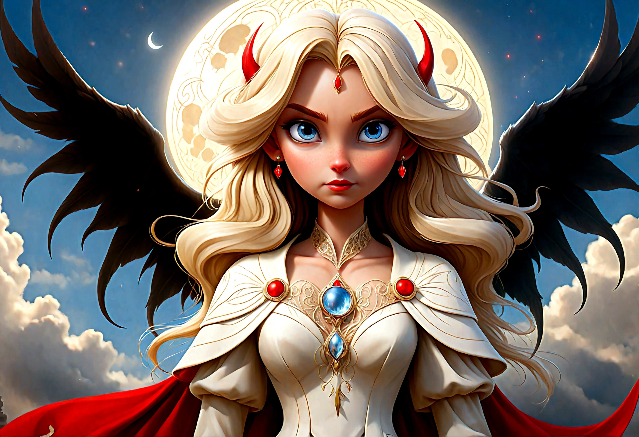 fantasy art, RPG art [[a picture of 2 women]], single1 female angel, wearing white dress, pale skin, beautiful face, blond hair, long hair wavy hair, blue eyes, high heeled boots, wearing a dress (Masterpiece, intricate details: 1.5), large angelic wings, white angelic wings spread AND a single1 female demon, red skin  demonic wings, black demonic wings spread, demonic horns, red skin, black hair, red eyes, beautiful face, wearing a dress (Masterpiece, intricate details: 1.5), high heels, in the border between heaven and hell, moon, stars, clouds, god rays, soft natural light silhouette, dynamic angle,  photorealism, panoramic view  Wide-Angle, Ultra-Wide angle, ultra best realistic, best details, 16k, [ultra detailed], masterpiece, best quality, (extremely detailed), photorealism, depth of field, hyper realistic painting