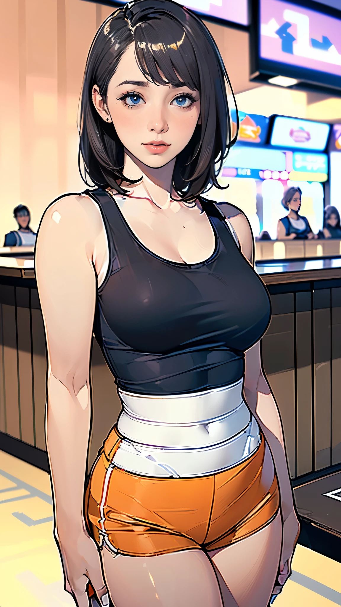 masterpiece,highest quality,Very detailed,High resolution,8K,wallpaper,Perfect lighting,BREAK(One Woman),(Mature woman working as a waiter at a sports bar:1.5),(50 years old),(hooters),(((A very form fitting white tank top:1.5))),((The tank top has the logo of a sports bar on it.:1.5)),(((tiny orange shorts))),(((Very detailed costume drawings:1.5))),(Beautiful Eyes:1.5),(Detailed face drawing:1.5),(Detailed face drawing:1.5),((Very detailed female hand:1.5)),(Shiny skin:1.2),(Big Breasts:1.2),(Thick thighs:1.5),(Sensual body:1.5),(Sports bar background:1.5),(((Blur the background:1.5))),(((I&#39;m embarrassed:1.5)))