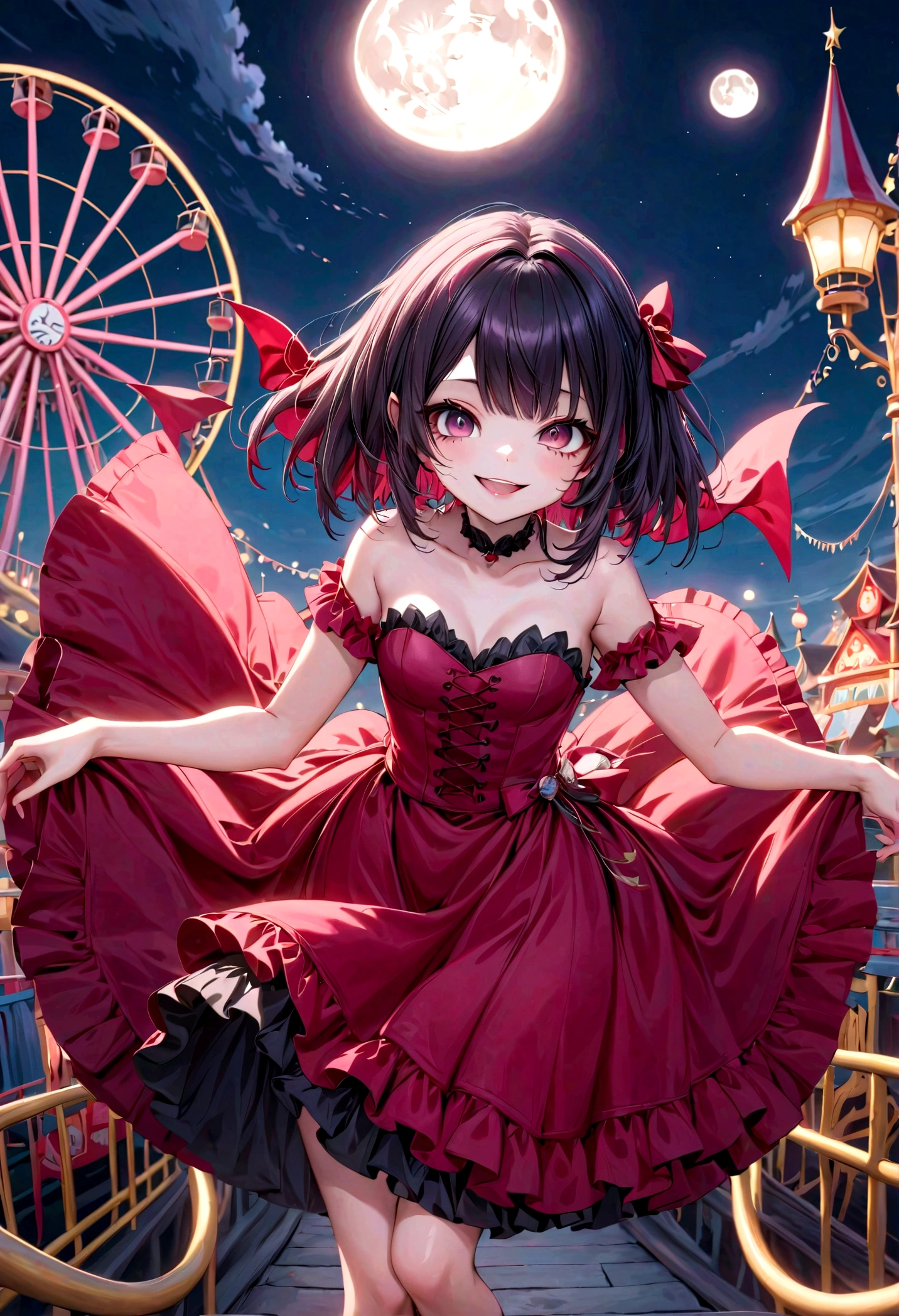 a vampire girl smiling, floating pose, (strapless_dress), (round toe) mary_janes, haunted amusement park at night, moon at background