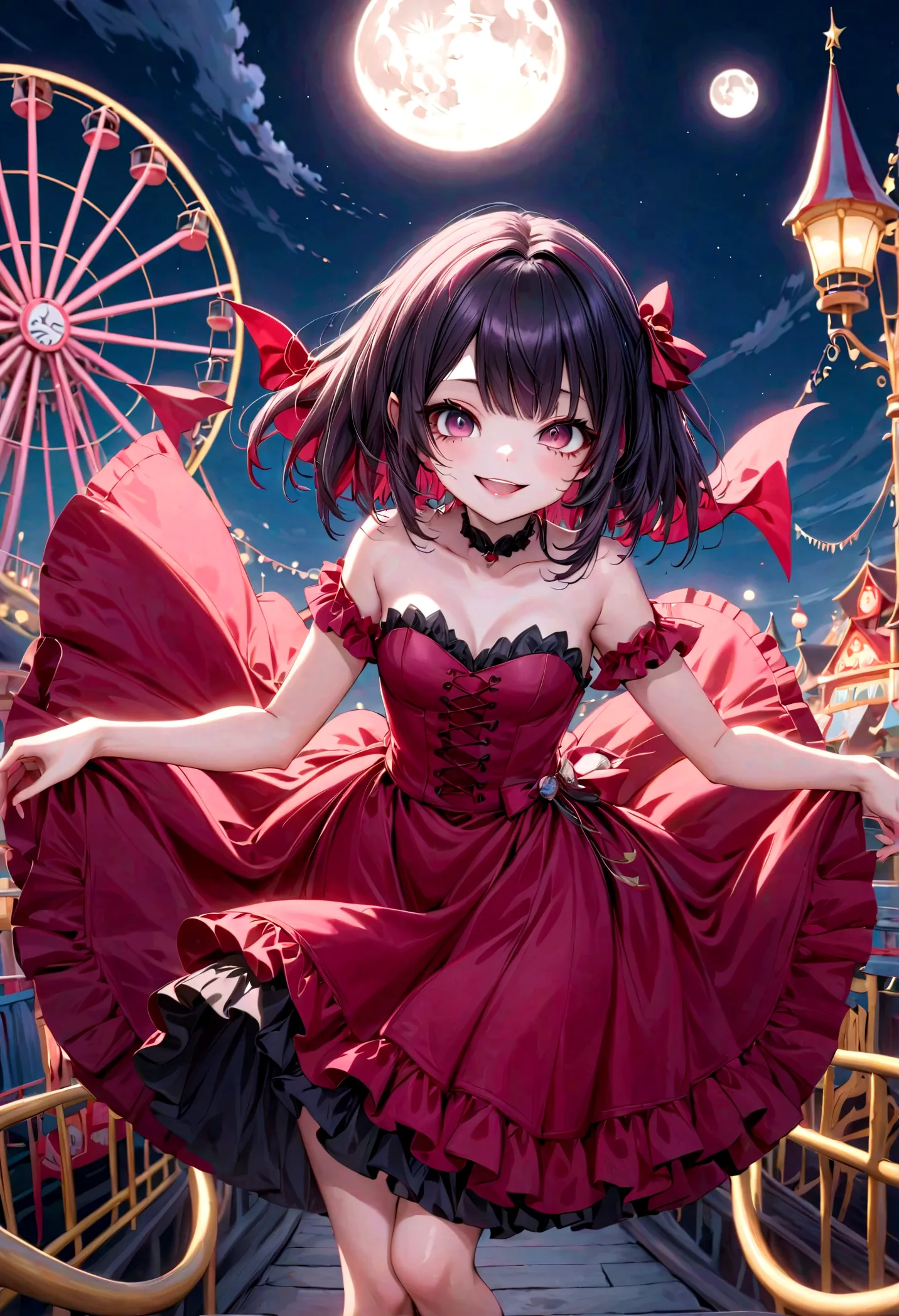 a vampire girl smiling, floating pose, (strapless_dress), (round toe) mary_janes, haunted amusement park at night, moon at backg...