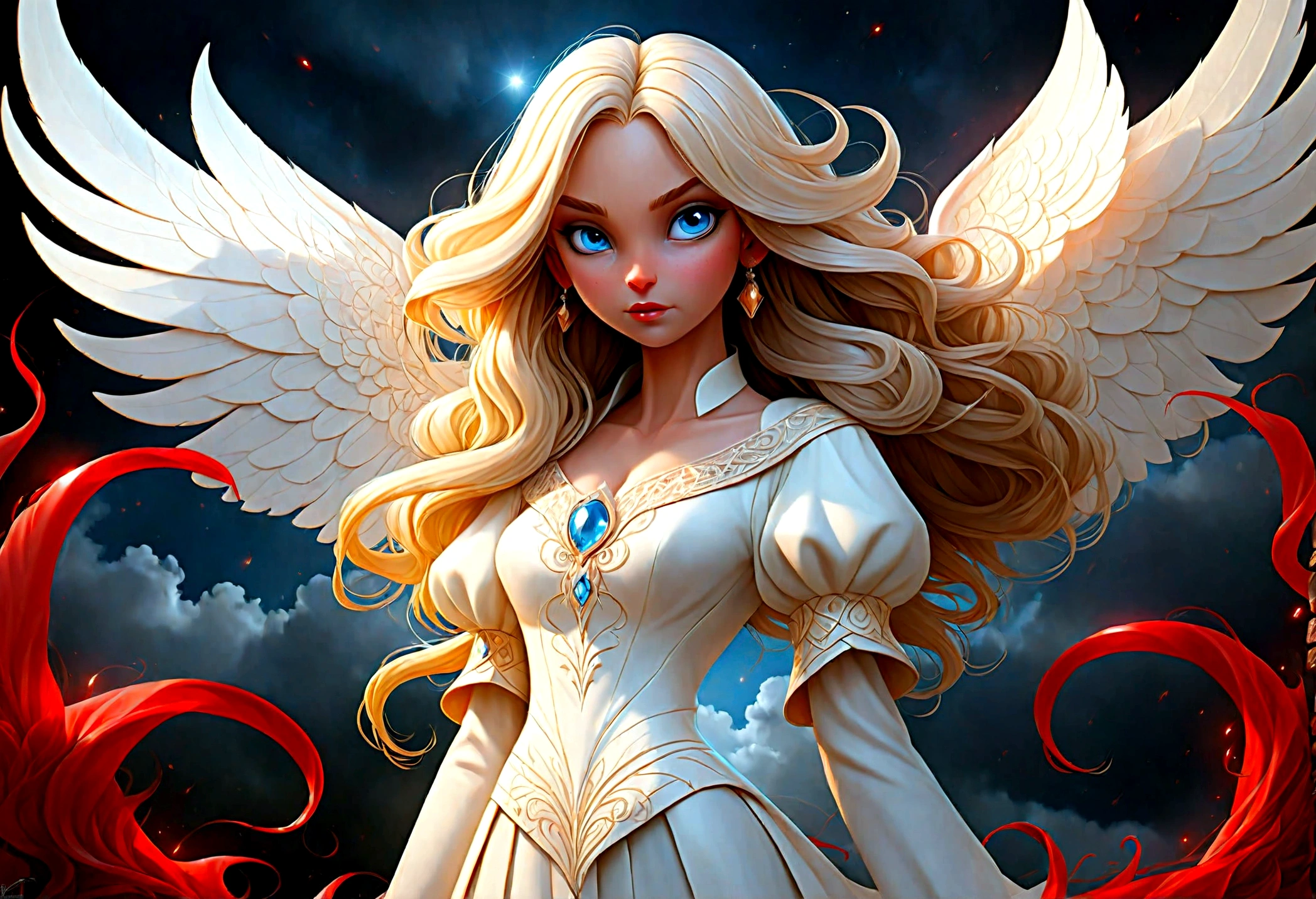 arte de fantasia, Arte RPG uma ((foto de 2 mulheres: 1.5)), solteira1 anjo feminino, usando vestido branco, pele pálida, rosto bonito, cabelo loiro, cabelos longos cabelos ondulados, olhos azuis, botas de salto alto, vestindo um vestido (obra de arte, detalhes intrincados: 1.5), grandes asas angelicais, asas angelicais brancas abertas E um único demônio feminino, pele vermelha  demonic wings, asas demoníacas negras se espalham, chifres demoníacos, pele vermelha, Cabelo preto, olhos vermelhos, rosto bonito, vestindo um vestido (obra de arte, detalhes intrincados: 1.5), salto alto, na fronteira entre o céu e o inferno, lua, Estrelas, Nuvens, raios de deus, silhueta suave da luz natural, Ângulo Dinâmico,  fotorrealismo, vista panorâmica grande angular, Ângulo ultra-amplo, ultra melhor realista, melhores detalhes, 16k, [ultra detalhado], obra de arte, melhor qualidade, (extremamente detalhado), fotorrealismo, profundidade de campo, pintura hiper realista