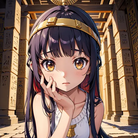 Cute Ancient Egyptian Girl、A hill overlooking the colorful temples of ancient Egypt、Inside the temple、attacked、mysterious