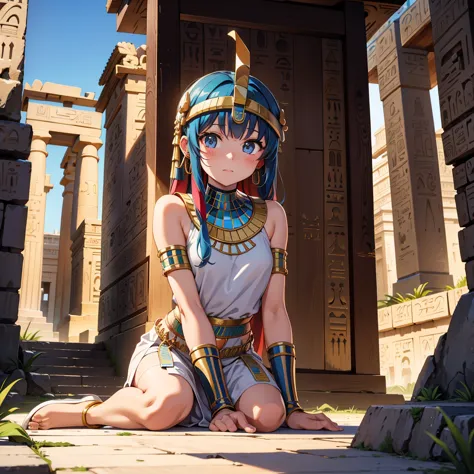 Cute Ancient Egyptian Girl、A hill overlooking the colorful temples of ancient Egypt、Inside the temple、attacked、mysterious