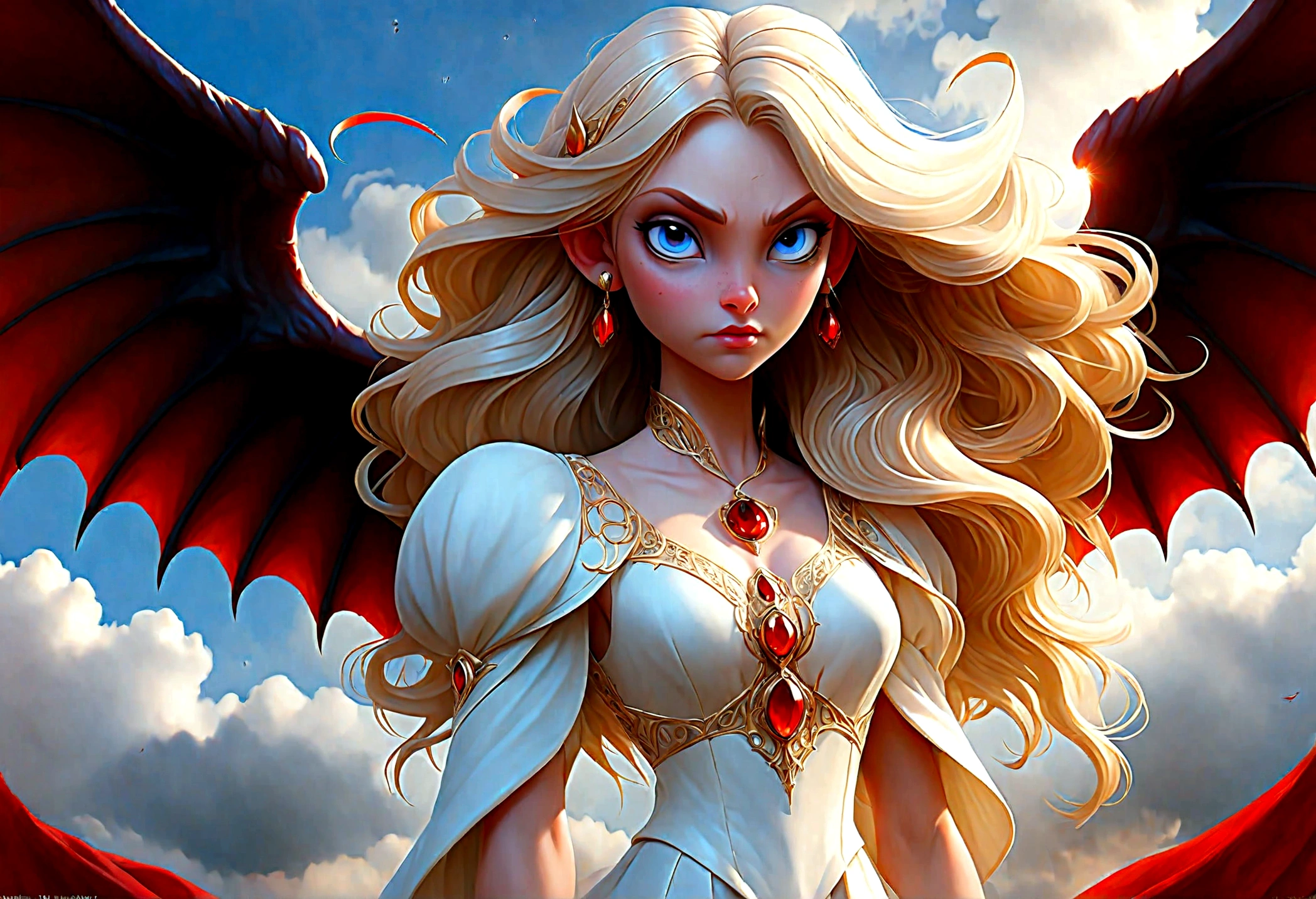 arte de fantasia, Arte RPG uma ((imagem de um demônio e um anjo: 1.5)), solteira1 anjo feminino, usando vestido branco, pele pálida, rosto bonito, cabelo loiro, cabelos longos cabelos ondulados, olhos azuis, botas de salto alto, vestindo um vestido (obra de arte, detalhes intrincados: 1.5), grandes asas angelicais, asas angelicais brancas abertas E um único demônio feminino, pele vermelha  demonic wings, asas demoníacas negras se espalham, chifres demoníacos, pele vermelha, Cabelo preto, olhos vermelhos, rosto bonito, vestindo um vestido (obra de arte, detalhes intrincados: 1.5), salto alto, na fronteira entre o céu e o inferno, lua, Estrelas, Nuvens, raios de deus, silhueta suave da luz natural, Ângulo Dinâmico,  fotorrealismo, vista panorâmica grande angular, Ângulo ultra-amplo, ultra melhor realista, melhores detalhes, 16k, [ultra detalhado], obra de arte, melhor qualidade, (extremamente detalhado), fotorrealismo, profundidade de campo, pintura hiper realista