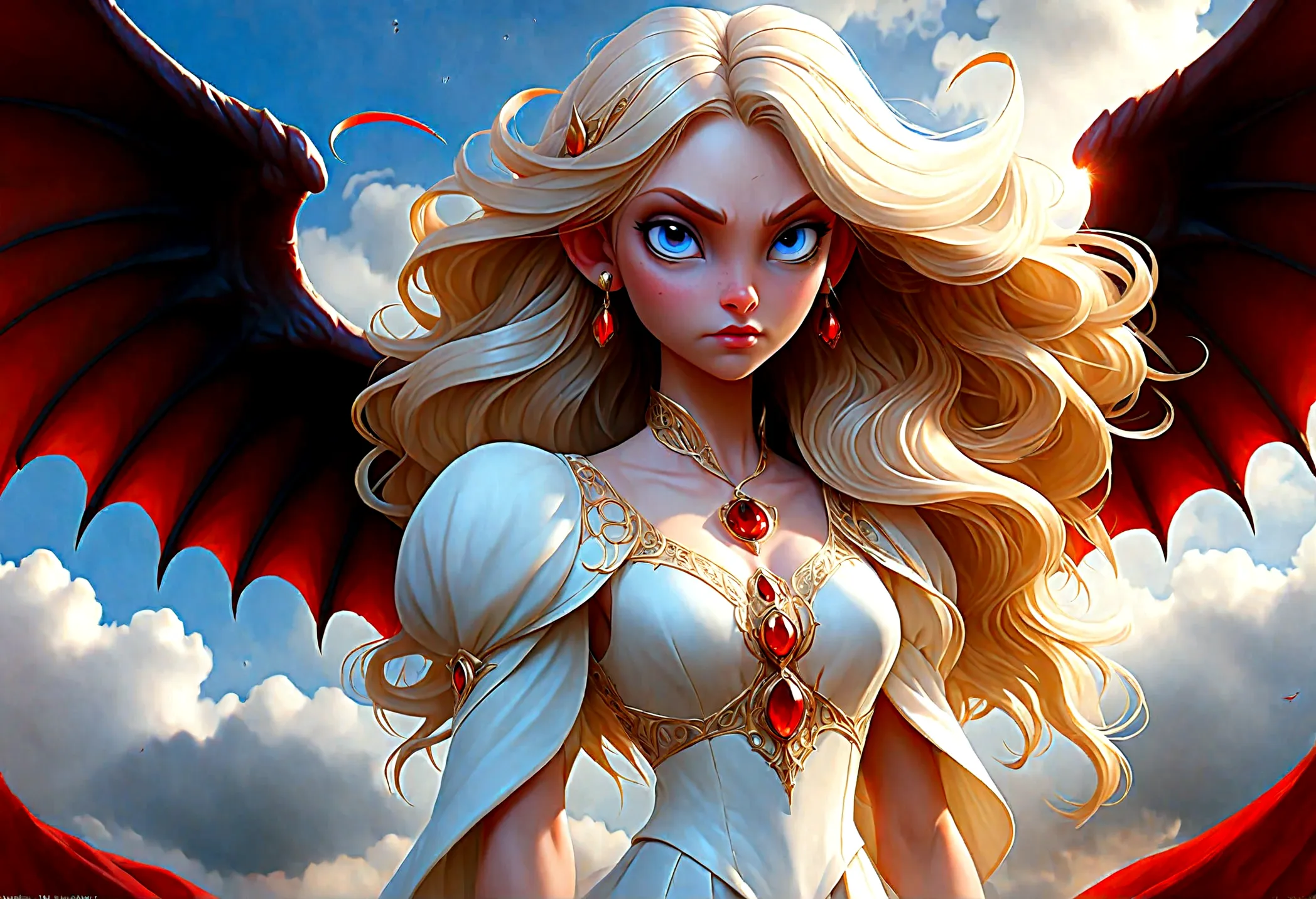 fantasy art, rpg art a ((picture of a demon and an angel: 1.5)), single1 female angel, wearing white dress, pale skin, beautiful...