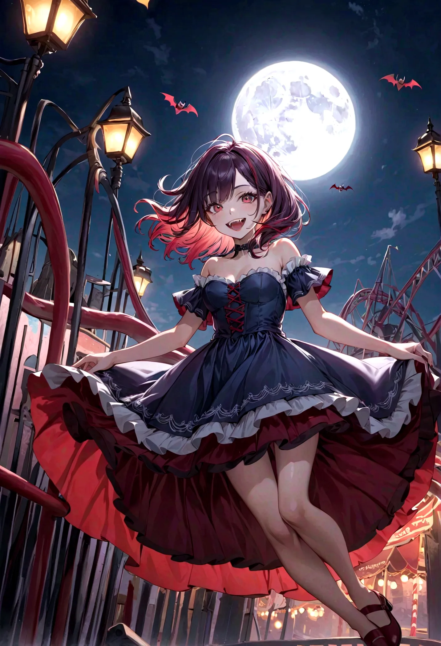 a vampire girl smiling, vampire teeth, floating pose, (strapless_dress), (round toe) mary_janes, haunted amusement park at night...