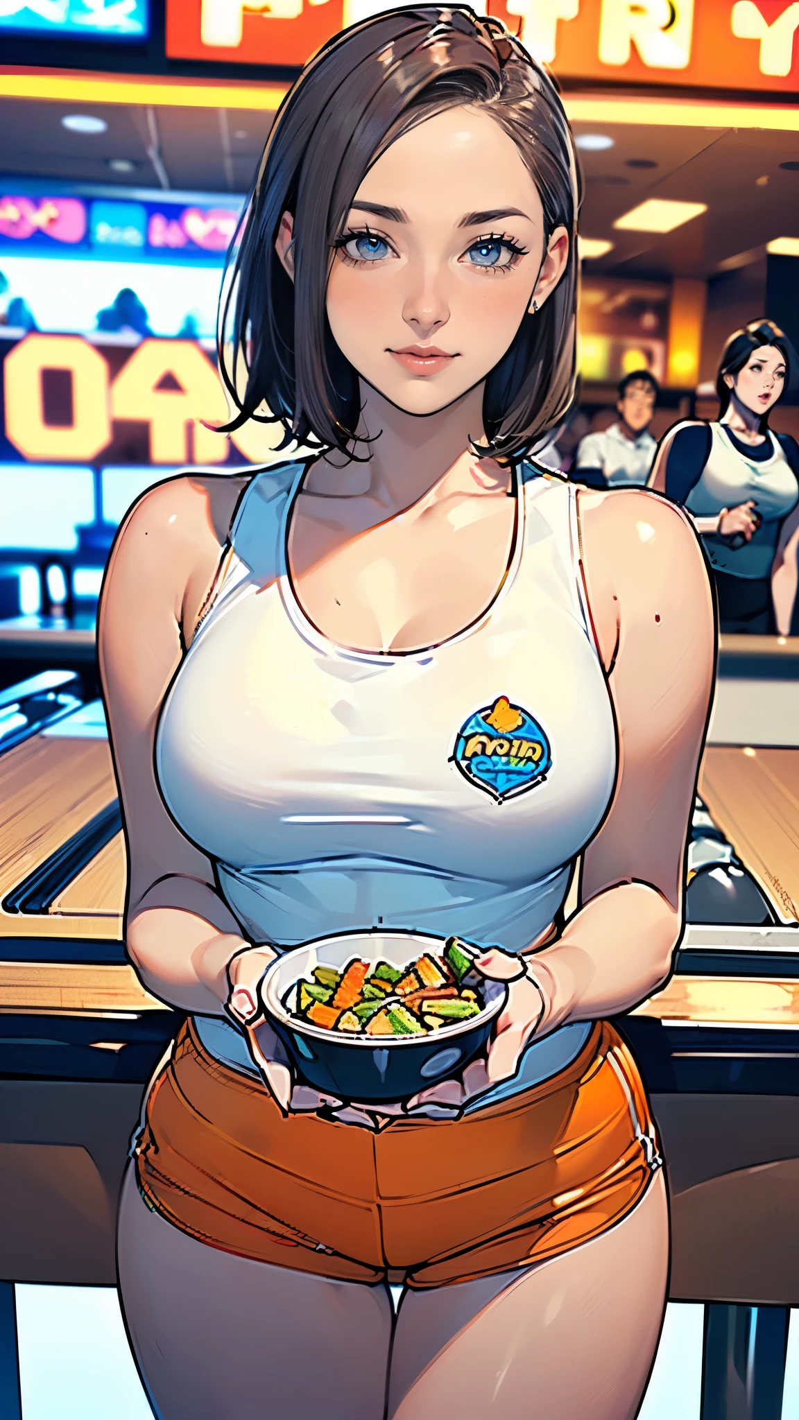 masterpiece,highest quality,Very detailed,High resolution,8k,wallpaper,Perfect lighting,BREAK(One Woman),(Mature woman working as a waiter at a sports bar:1.5),(48 years old),(hooters),(((A very form fitting white tank top:1.5))),((The tank top has the logo of a sports bar on it.:1.5)),(((tiny orange shorts))),(((Very detailed costume drawings:1.5))),(Beautiful Eyes:1.5),(Detailed face drawing:1.5),(Detailed face drawing:1.5),((Very detailed female hand:1.5)),(Shiny skin:1.2),(Big Breasts:1.2),(Thick thighs:1.5),(Sensual body:1.5),(Sports bar background:1.5),(((Blur the background:1.5))),(((I&#39;m embarrassed:1.5)))