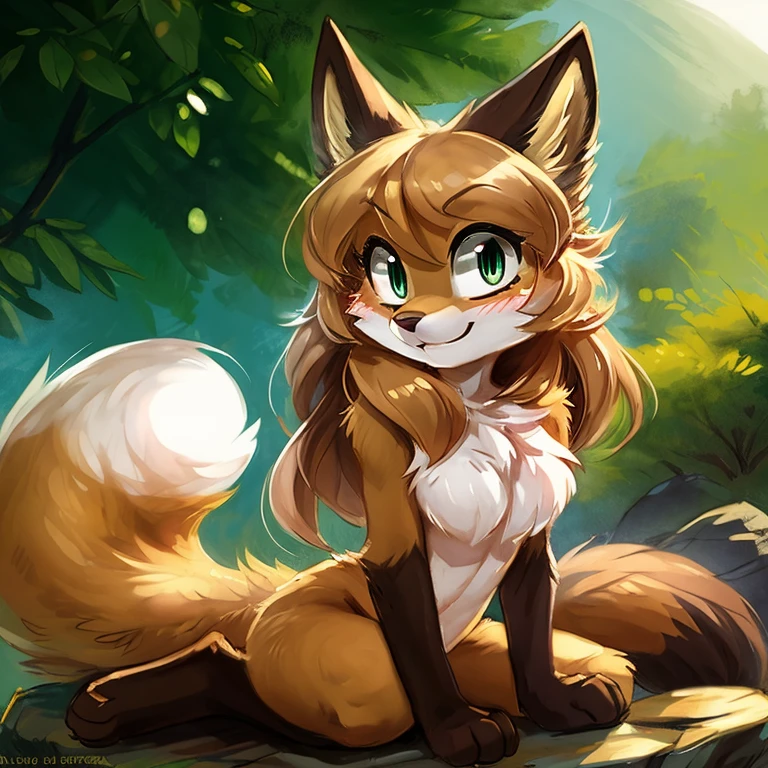 uploaded the e621, beautiful and detailed, woman (((female))) ((anthro)) Fox, (Averi, Fox girl), cinematic lighting, Fox, (anthro, fluffy fur), anthro fox girl, body fur, curvy, sexy, nice, cute, hot, comfortable anime-style cartoon-style, digital drawing, SFW, flat chest, chest fluff, blushing, green eyes, sassy, sassy hips, cute friendly smile, heart, hearts, speech bubble, looking at viewer, close up, sitting, sitting on a rock, Ross Tran, ruan jia, by Kenket, by zero-sum