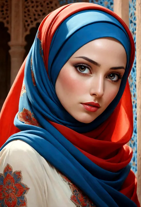 A woman wearing a colorful head scarf and a red scarf - SeaArt AI