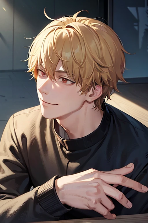 1boy, male_focus, short_hair, wilde_hair, (blonde_hair), solo, (masterpiece, top quality, best quality, official art), very detailed, colorful, most detailed, short hair, , handsome_man, wavy_hair, (upper_body), ((side_view, looking_at_viewer)), ((smirk)), closed_mouth, ken kaneki, artwork in the style of guweiz, best anime 8k konachan wallpaper, hajime yatate, in an anime style, satoru gojo, denji