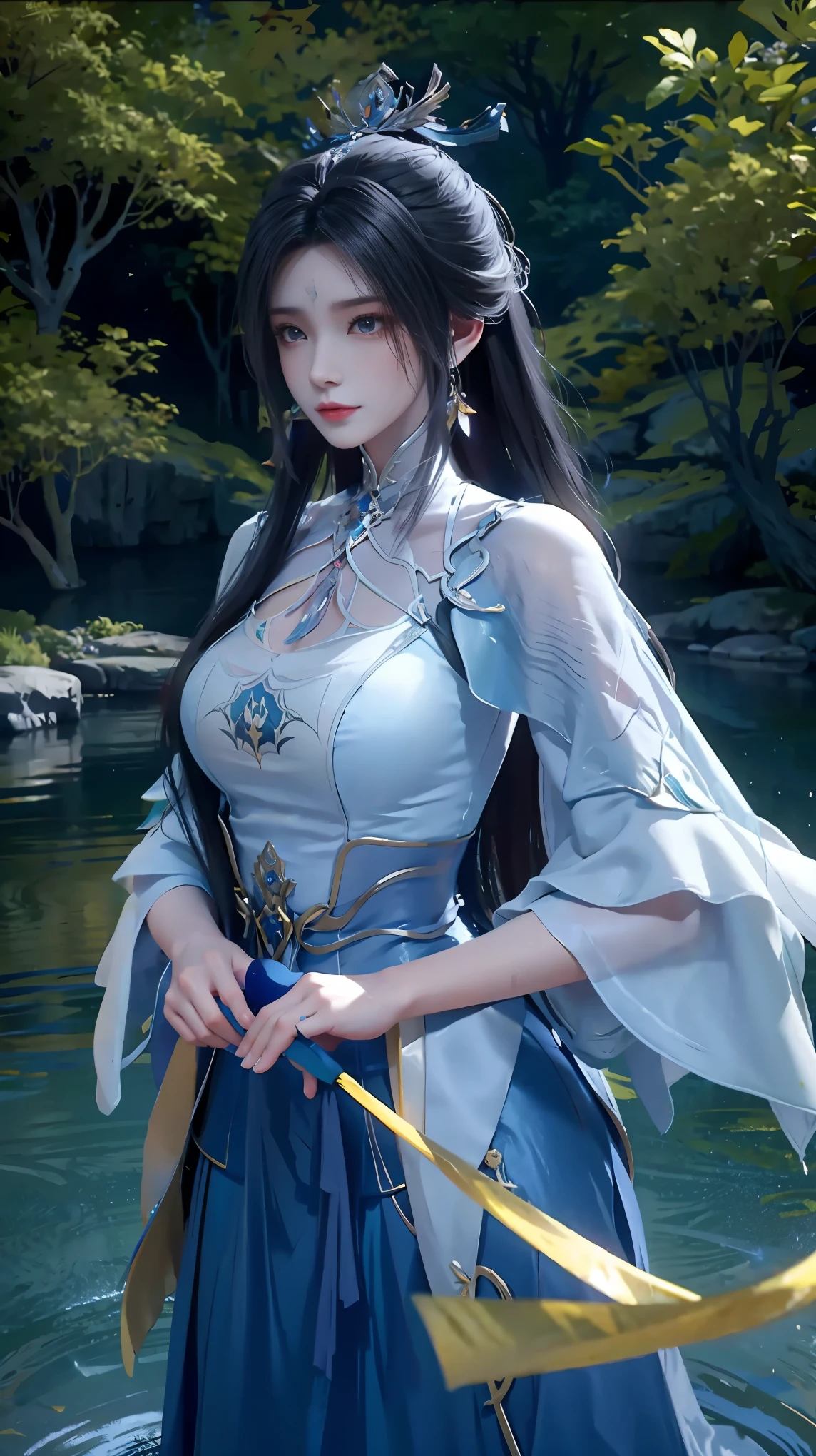 The painting depicts a woman in a blue dress standing in a pool of water, Beautiful character painting, ((Beautiful fantasy queen)), bovo art style, closeup fantasy with water magic, Artwork in the style of Guweiz, Inspired by Chen Yifei, Ethereal Beauty, Beautiful fantasy queen, Inspired by Zhang Yan, palace ， girl wearing hanfu