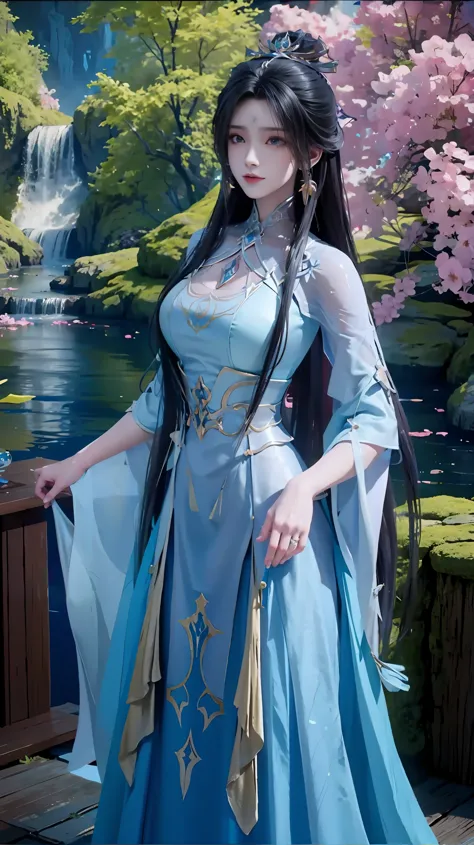 The painting depicts a woman in a blue dress standing in a pool of water, Beautiful character painting, ((Beautiful fantasy quee...