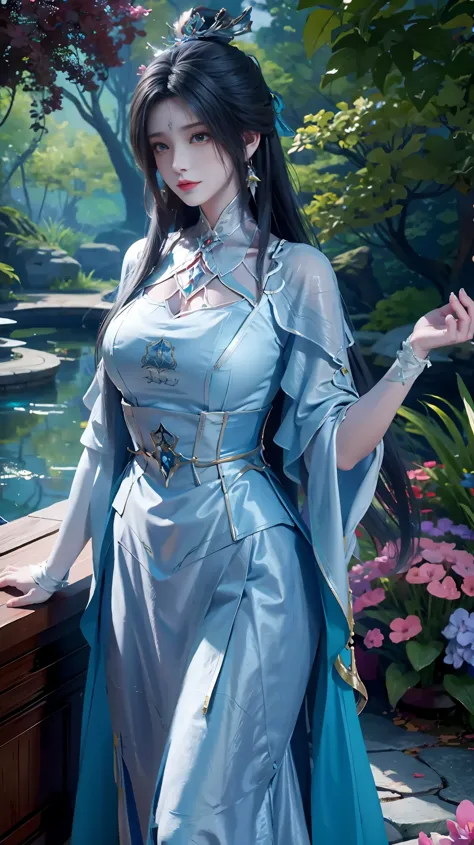 The painting depicts a woman in a blue dress standing in a pool of water, Beautiful character painting, ((Beautiful fantasy quee...