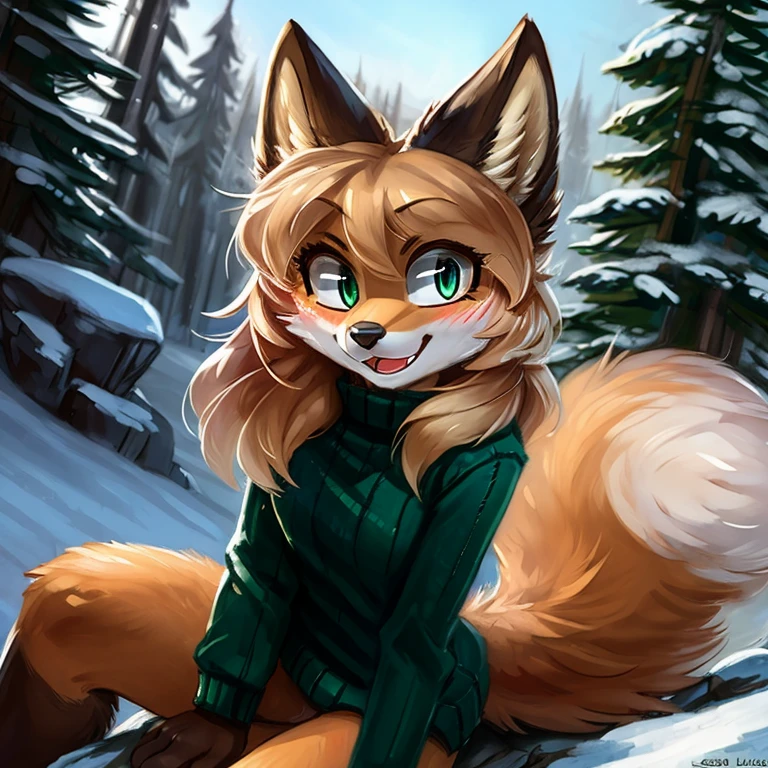 uploaded the e621, beautiful and detailed, woman (((female))) ((anthro)) Fox, (Averi, Fox girl), cinematic lighting, Fox, (anthro, fluffy fur), anthro fox girl, body fur, curvy, sexy, nice, cute, hot, digital drawing, SFW, flat chest, chest fluff, blushing, green eyes, sassy, sassy hips, cute friendly smile, snow, forest, heart, hearts, speech bubble, looking at viewer, close up, sitting, sitting on a rock, Ross Tran, ruan jia, by Kenket, by zero-sum, green sweater