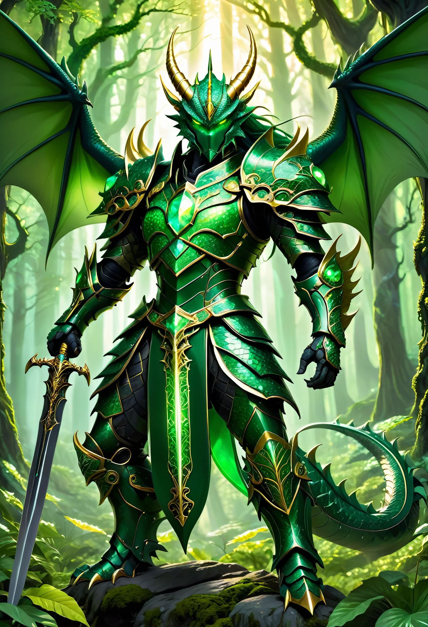 A formidable dragon warrior with emerald green scales and glowing green eyes. The warrior is clad in ornate, emerald-encrusted armor with gold accents, holding a large, intricately designed sword with a green gem at its hilt. The dragon has large, menacing wings and sharp, golden horns. The background features a mystical forest with ethereal light filtering through the trees, highlighting the warrior's powerful and majestic presence.