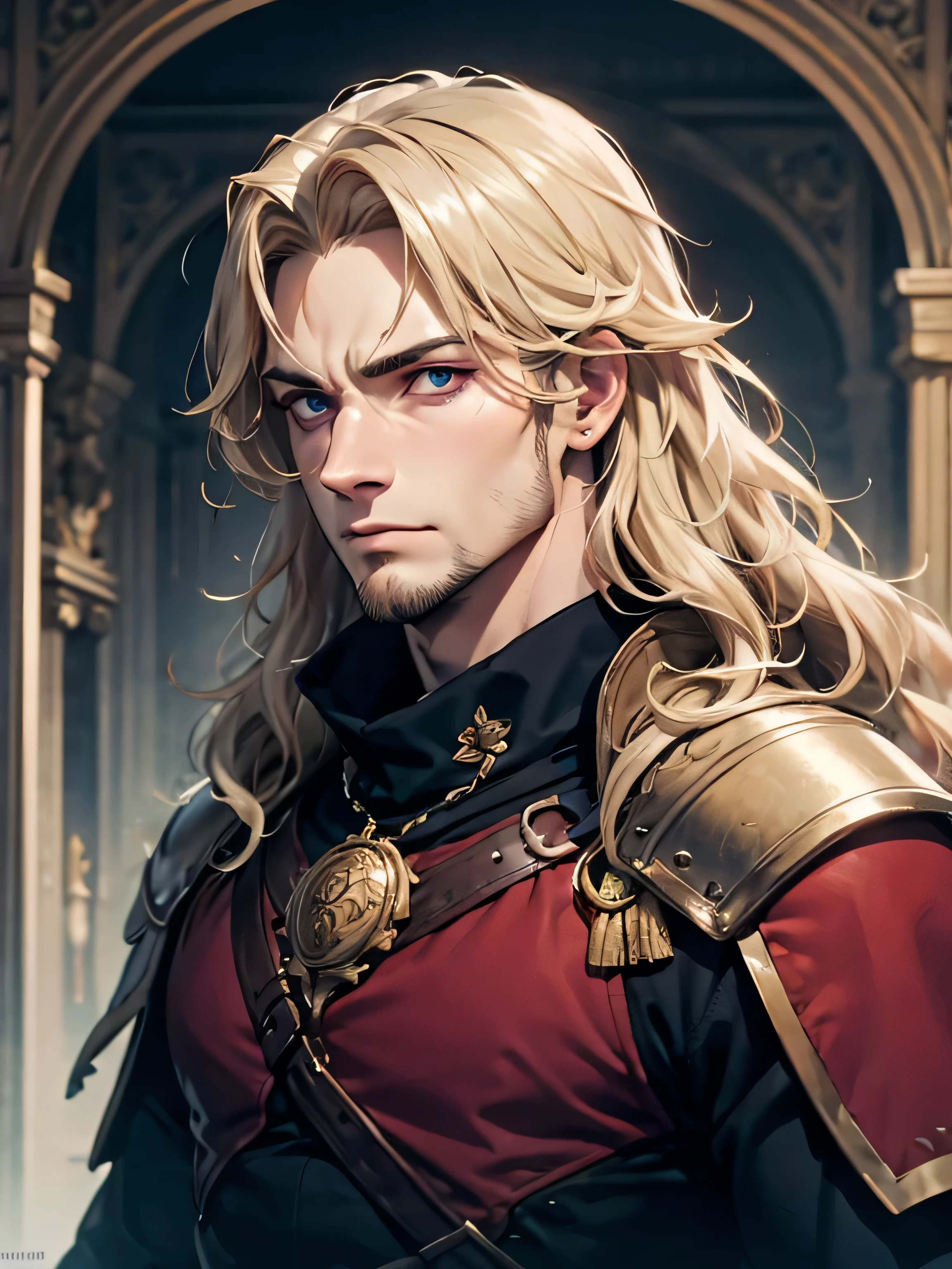 male, late 30s, ((blond, shoulder-length, middle-part wavy hair)), light-purple, deep-set, Sanpaku eyes, slightly thick blond beard, aquiline and hooked nose, slightly underbite, chiseled, slightly long face, fearless expression, strong and dependable body, medieval European royal attire, portrait