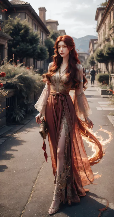 (absurdres, highres, ultra detailed), 1girl, solo, mature, (very long hair, red hair), baroque, long dress, phoenix dress, long ...