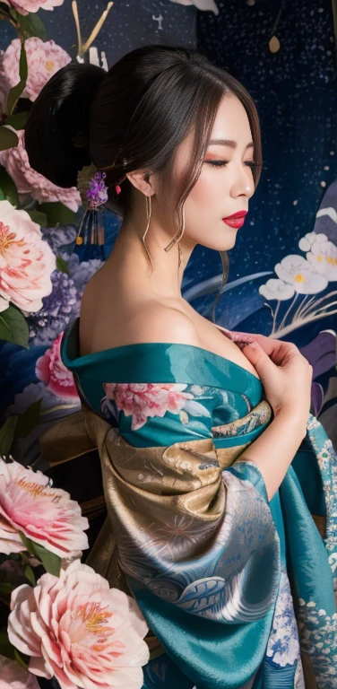 (Masterpiece, Best Quality:1.3), (thick lineart), (faux traditional media), highres, official art, best illustration, (8k resolution), oiran, 1girl, mature female, solo, japanese clothes, from above, breasts, obi, stylish, intricate, fantastic, fairytale, fantasy art, (detailed face), lying on a bed of flowers, on back, (lovely eyes, looking at viewer, lipstick), very long hair, voluminous, low ponytail, depth of field, silhouette, perfect, makeup, lovely, (details:1.2), camellia, various colors, vivid, colorful, shiny, sky, stars, lumen global illumination, (background in the style of Hokusai Katsushika:1.3), water, ripples